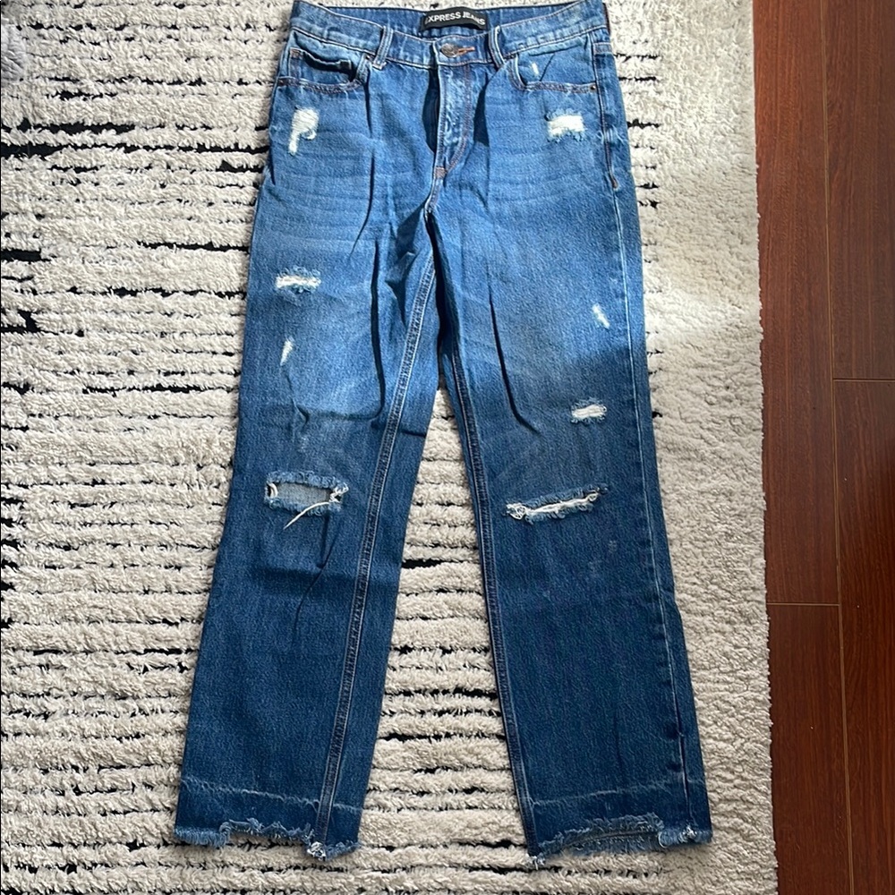 Express Blue Straight Leg Distressed Jeans